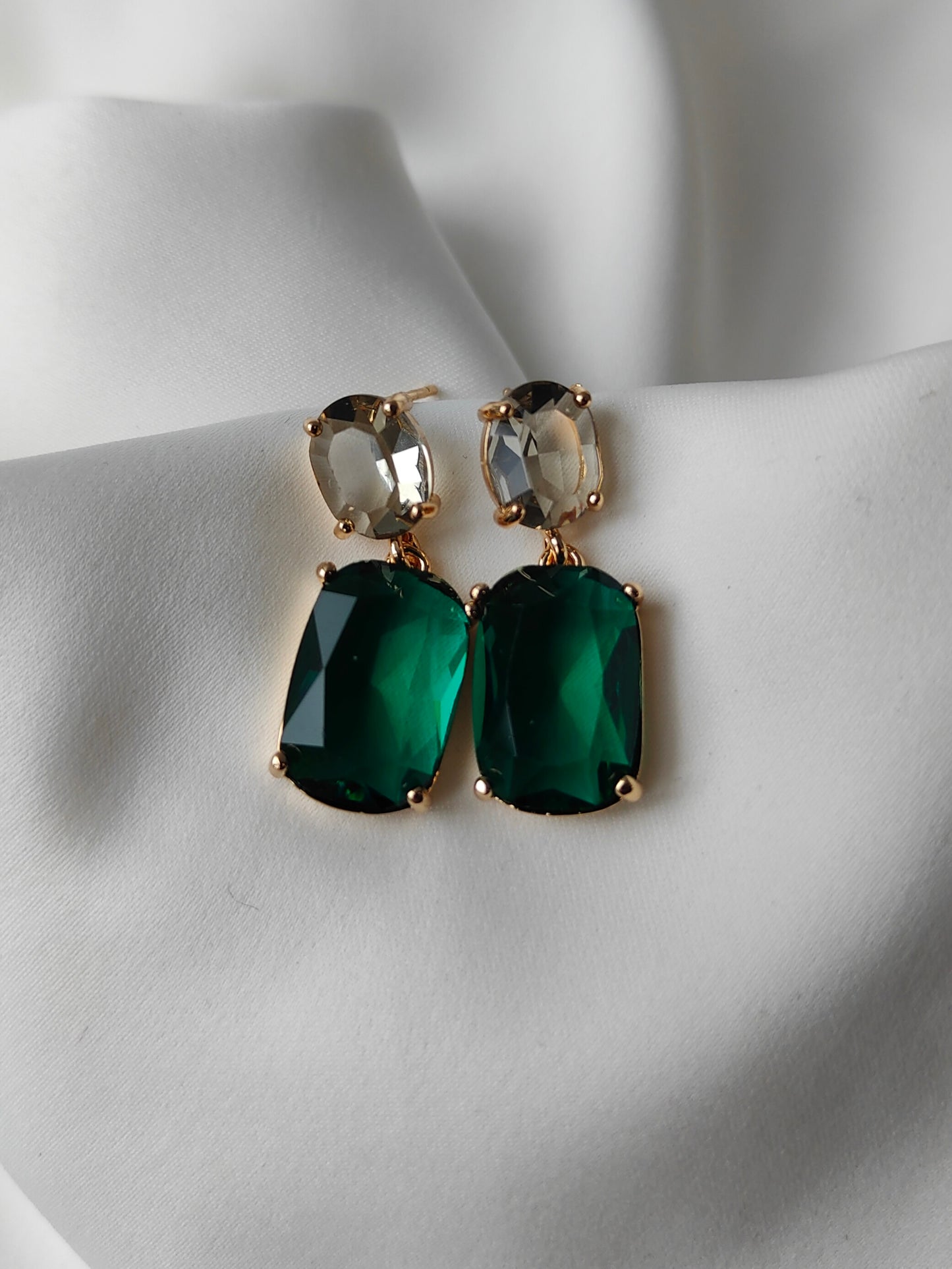 Double Gem Earring - Steel / Emerald