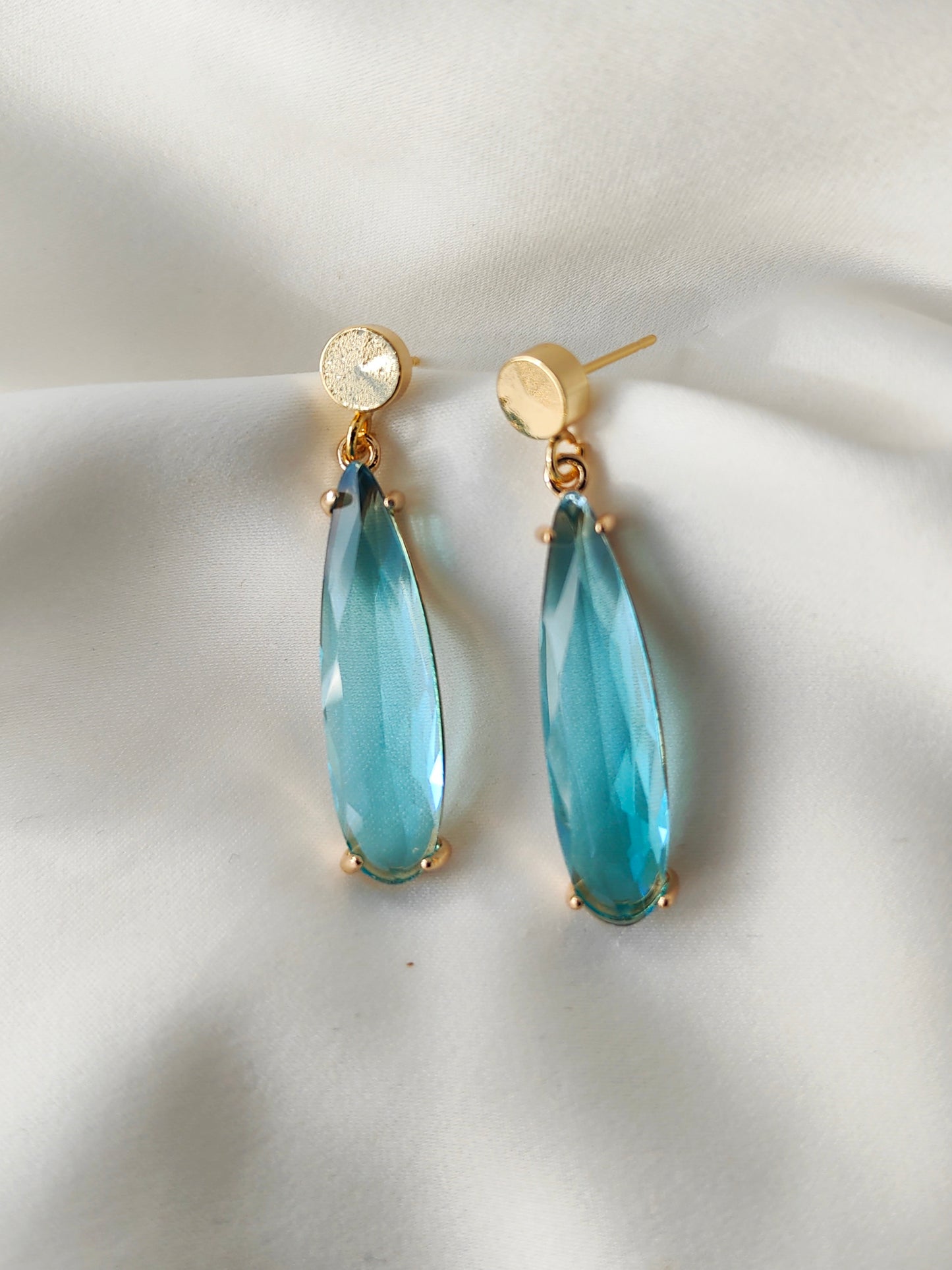 HELEN - Long Crystal Drop Earrings - Aqua