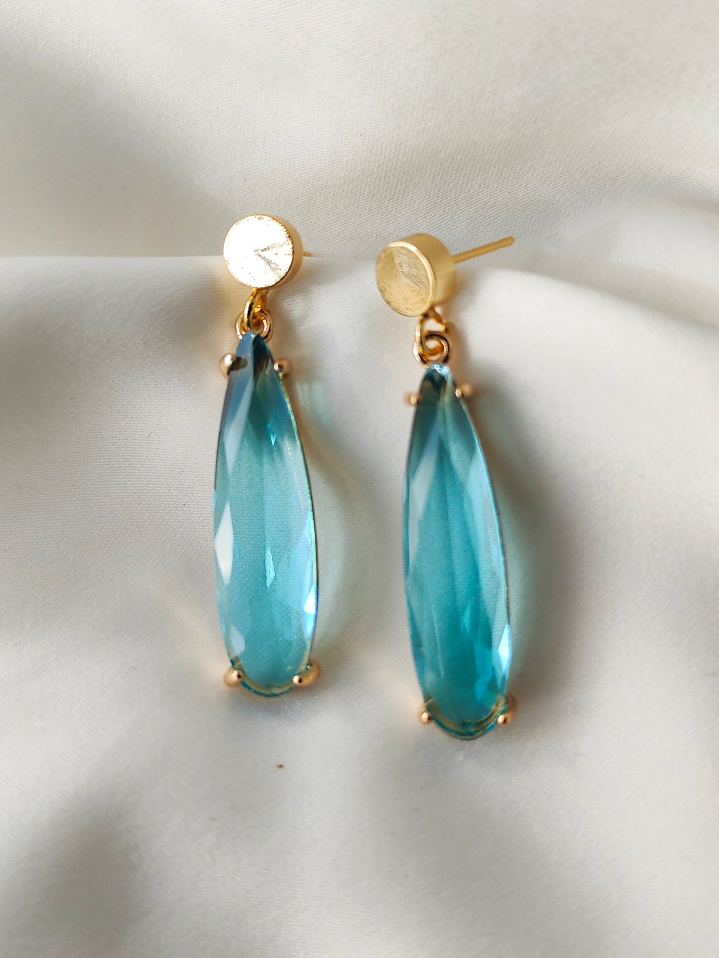 HELEN - Long Crystal Drop Earrings - Aqua