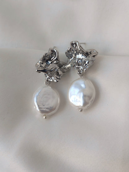 CORA - Silver & Pearl Contemporary Earrings