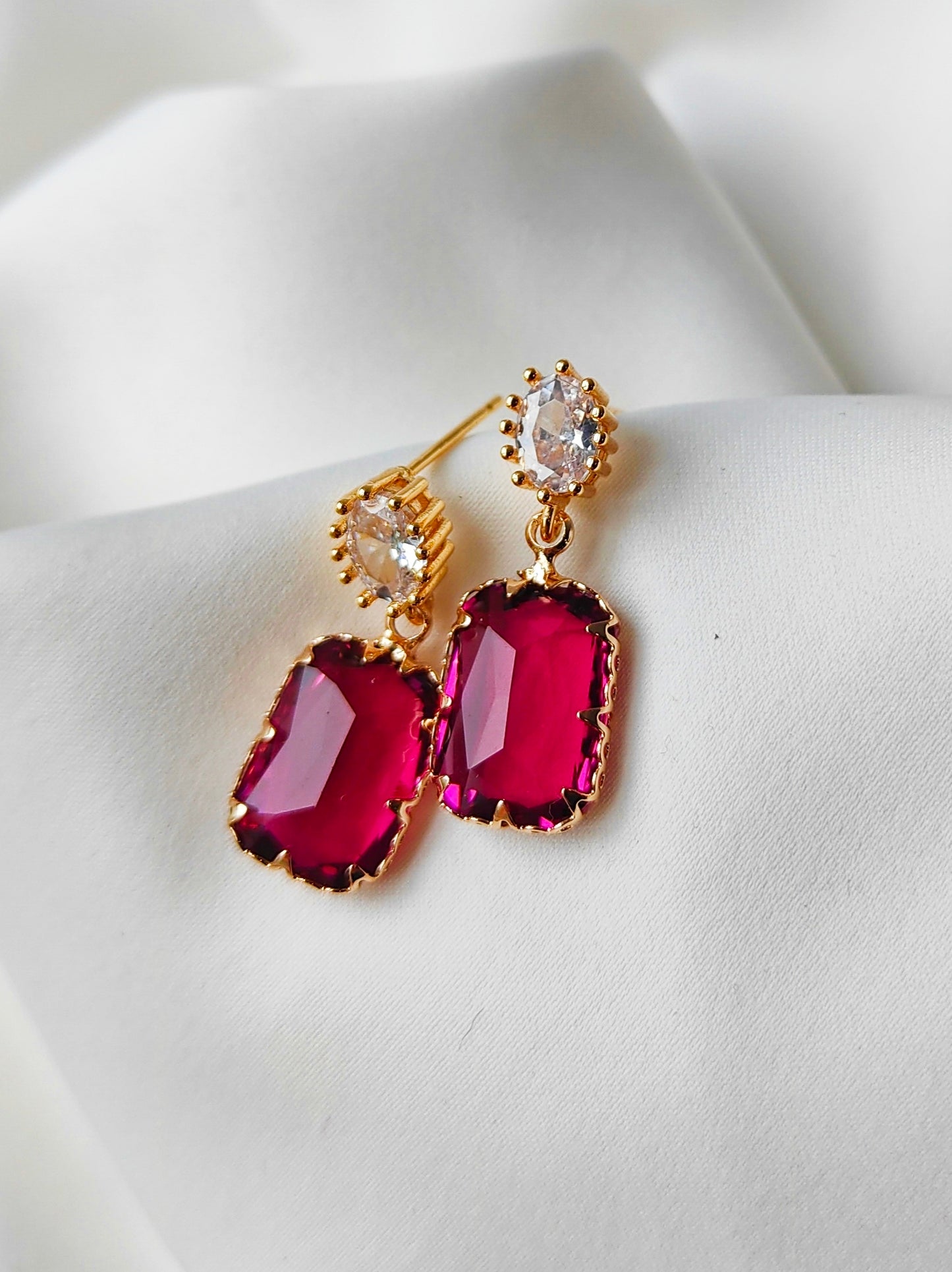 Vintage Double Gem Earring - Clear / Raspberry Pink