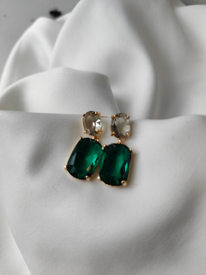 Double Gem Earring - Steel / Emerald