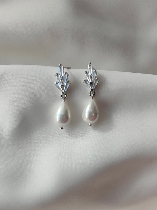 EDITH - Silver Crystal & Pearl  Drop Bridal Earrings